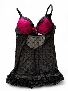 Black & Pink Mesh Polka Dot Bustier Babydoll Lingerie Chemise Size Medium